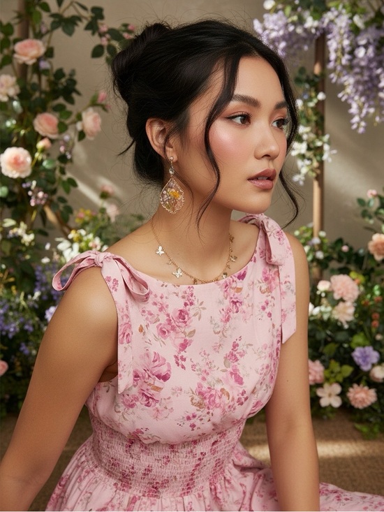 Dresses & Skirts - Dreamy Cottagecore Pink Floral Smocked Midi Dress